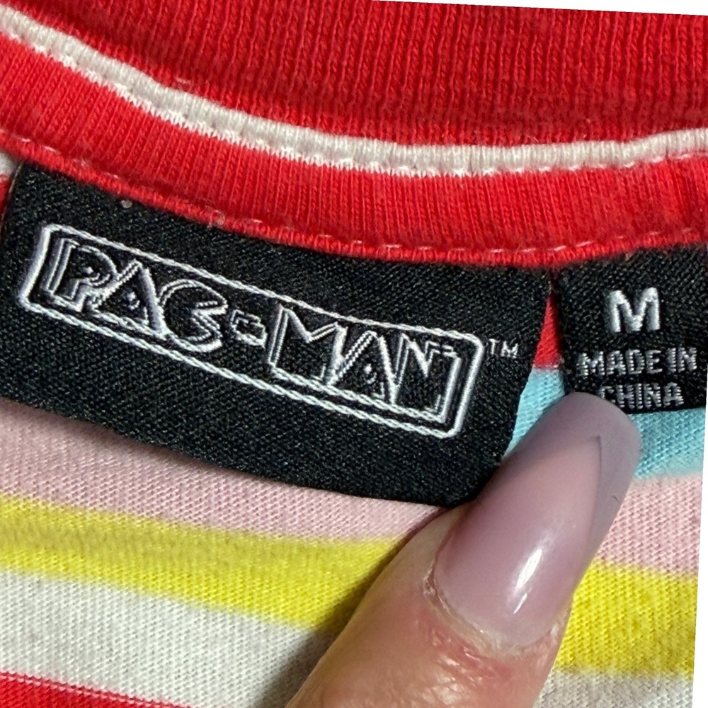 Pac-Man Striped Ringer T-Shirt Mens Medium Retro Gaming Embroidered Cotton Tee‎